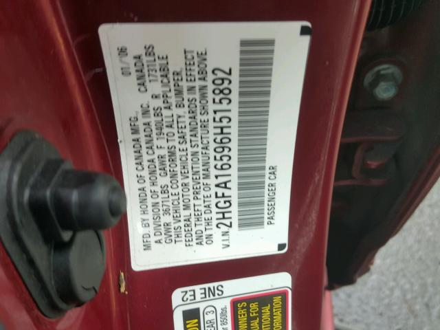 2HGFA16596H515892 - 2006 HONDA CIVIC LX RED photo 10