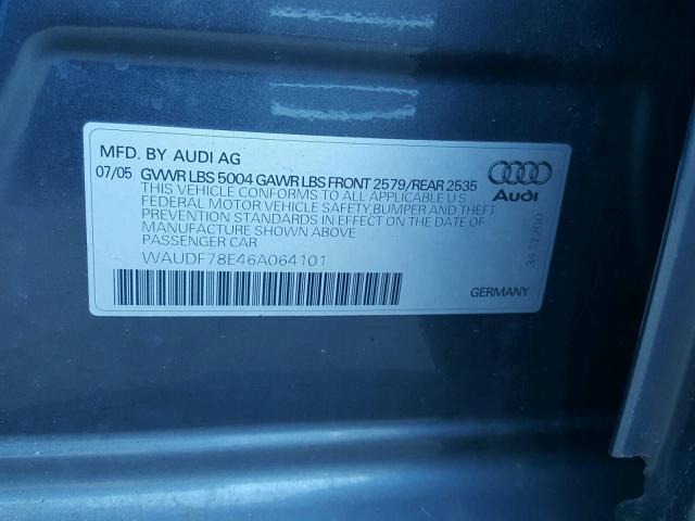 WAUDF78E46A064101 - 2006 AUDI A4 2.0T QU GRAY photo 10