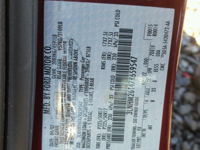 3LNHM26T47R659547 - 2007 LINCOLN MKZ MAROON photo 10