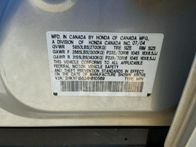 2HKYF18534H610569 - 2004 HONDA PILOT EXL SILVER photo 10