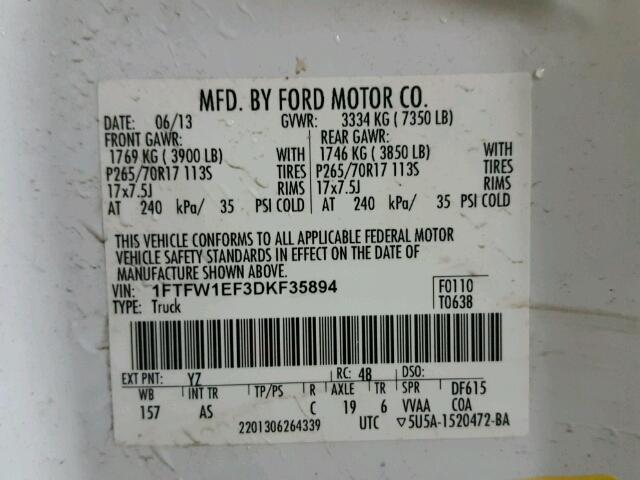 1FTFW1EF3DKF35894 - 2013 FORD F150 SUPER WHITE photo 10