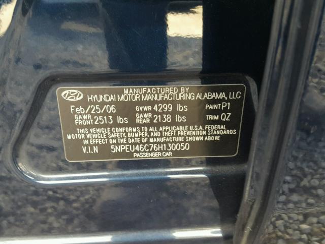 5NPEU46C76H130050 - 2006 HYUNDAI SONATA GLS BLUE photo 10