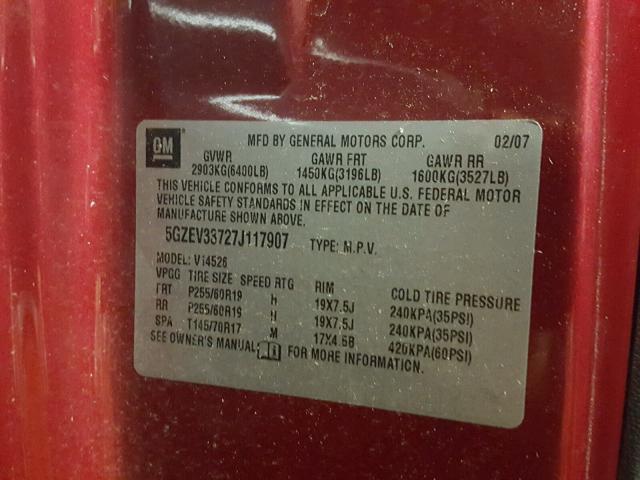 5GZEV33727J117907 - 2007 SATURN OUTLOOK SP მუქწითელი ფოტო 10