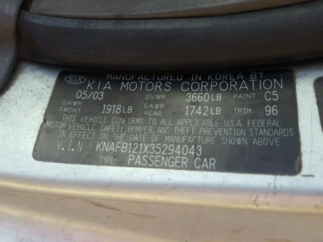 KNAFB121X35294043 - 2003 KIA SPECTRA BA GOLD photo 10