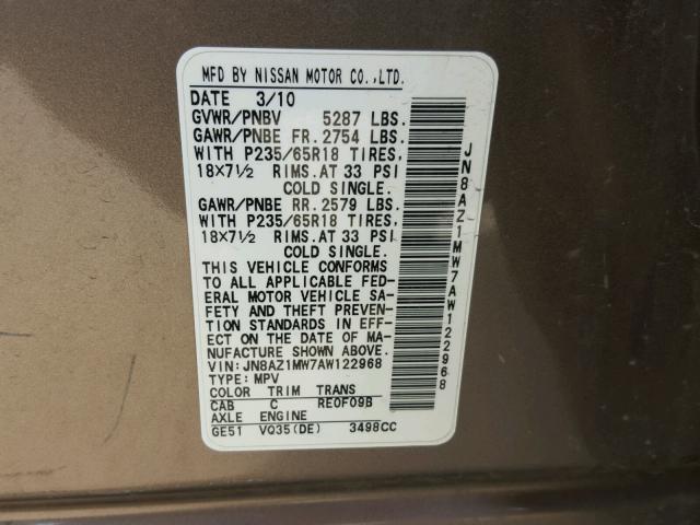 JN8AZ1MW7AW122968 - 2010 NISSAN MURANO S GOLD photo 10