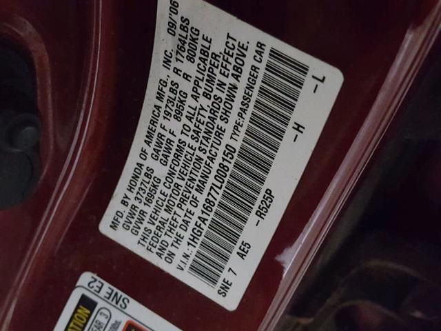 1HGFA16877L008150 - 2007 HONDA CIVIC EX RED photo 10