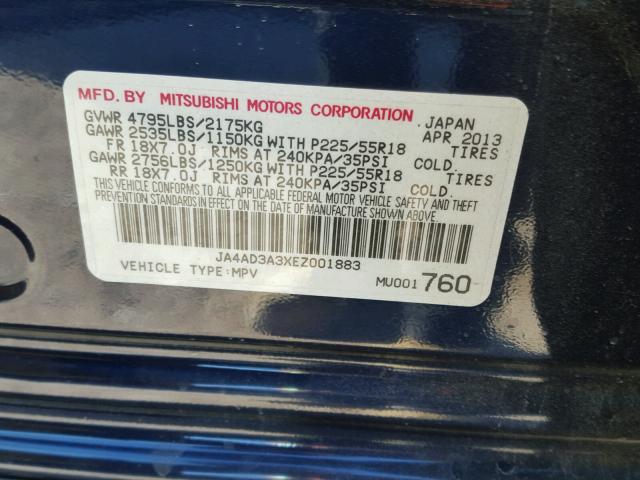 JA4AD3A3XEZ001883 - 2014 MITSUBISHI OUTLANDER BLUE photo 10