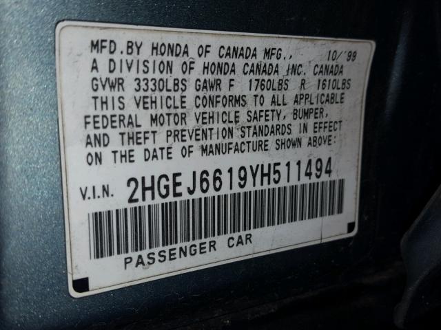 2HGEJ6619YH511494 - 2000 HONDA CIVIC BASE BLUE photo 10