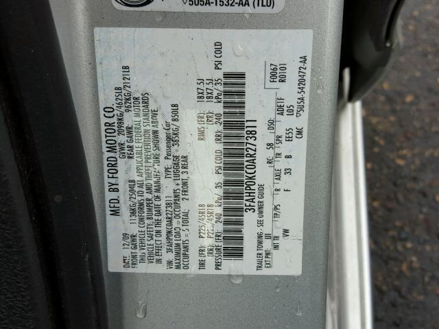 3FAHP0KC0AR273811 - 2010 FORD FUSION SPO SILVER photo 10