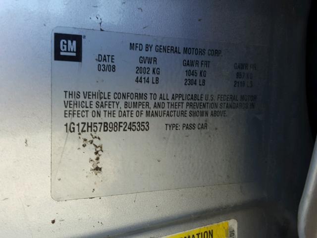 1G1ZH57B98F245353 - 2008 CHEVROLET MALIBU 1LT SILVER photo 10