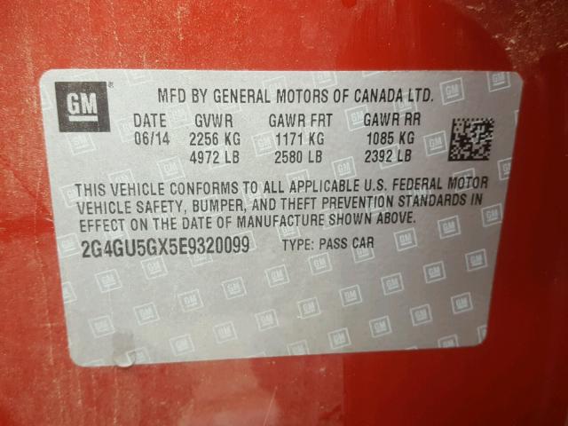 2G4GU5GX5E9320099 - 2014 BUICK REGAL GS RED photo 10