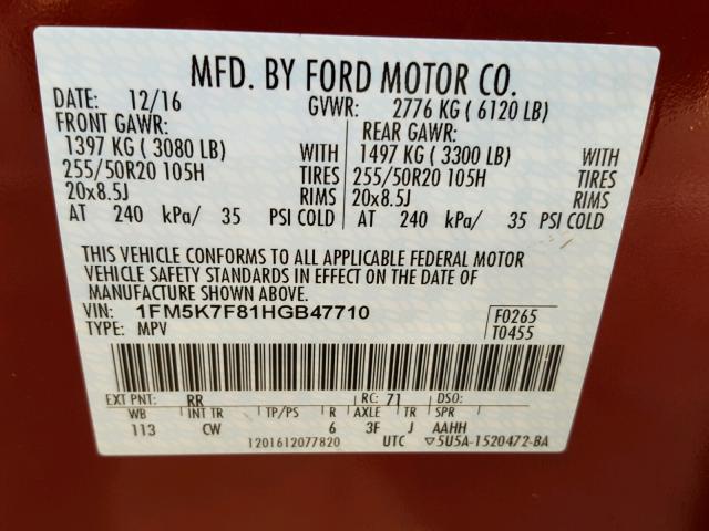 1FM5K7F81HGB47710 - 2017 FORD EXPLORER L RED photo 10