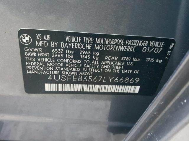 4USFE83567LY66869 - 2007 BMW X5 4.8I GRAY photo 10