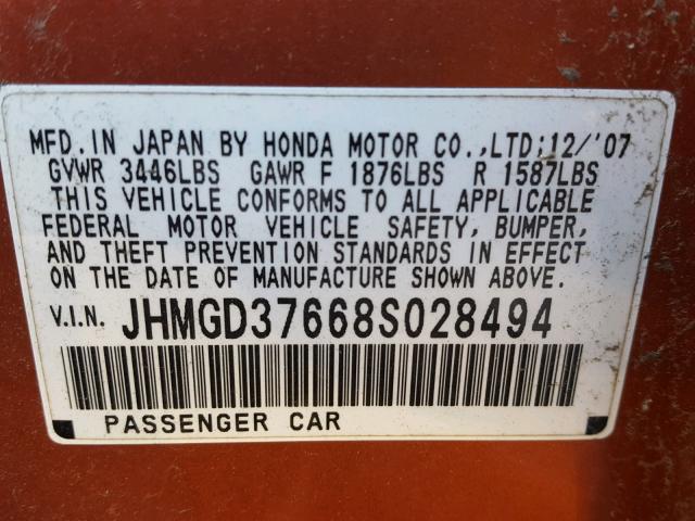 JHMGD37668S028494 - 2008 HONDA FIT SPORT ORANGE photo 10