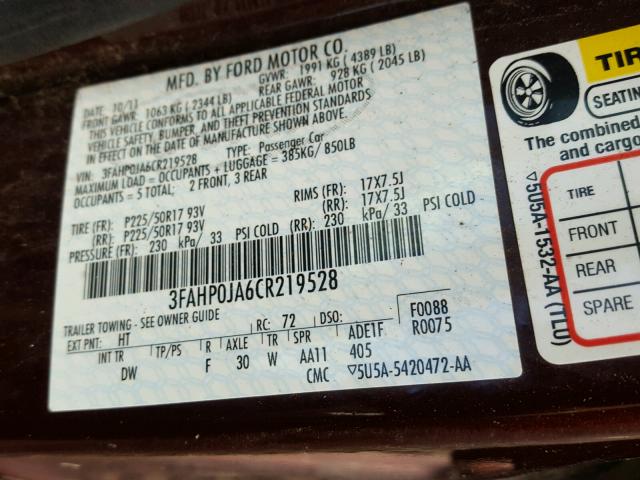 3FAHP0JA6CR219528 - 2012 FORD FUSION SEL BURGUNDY photo 10