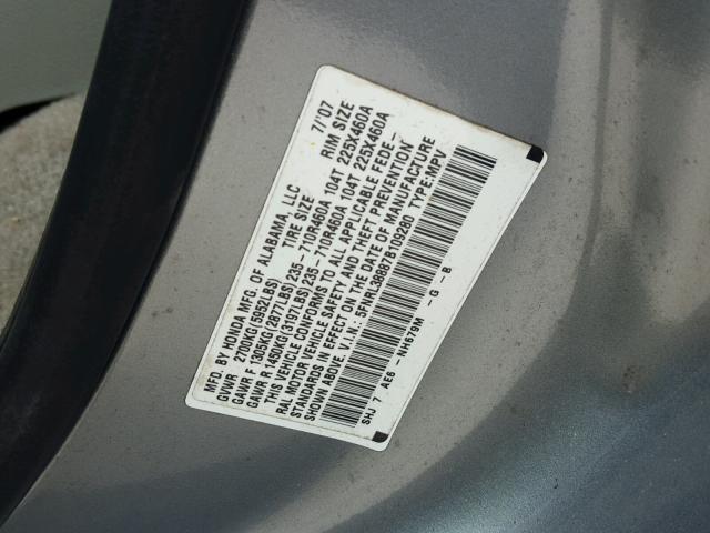 5FNRL38887B109280 - 2007 HONDA ODYSSEY TO BLUE photo 10