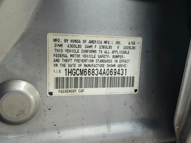 1HGCM66834A069431 - 2004 HONDA ACCORD EX SILVER photo 10