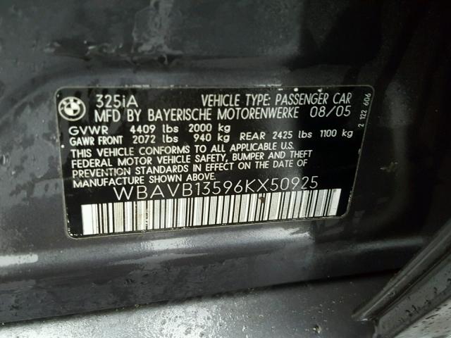 WBAVB13596KX50925 - 2006 BMW 325 I GRAY photo 10