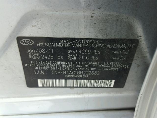 5NPEB4AC1BH222682 - 2011 HYUNDAI SONATA GLS SILVER photo 10