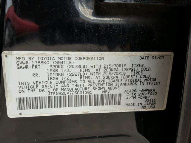 JTEGH20V726001365 - 2002 TOYOTA RAV4 BLACK photo 10