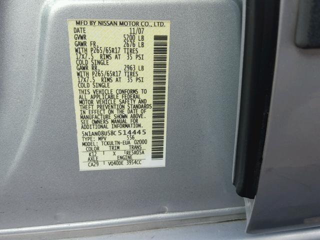 5N1AN08U58C514445 - 2008 NISSAN XTERRA OFF GRAY photo 10