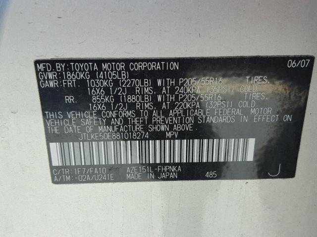 JTLKE50E881018274 - 2008 TOYOTA SCION XB Gümüş foto 10