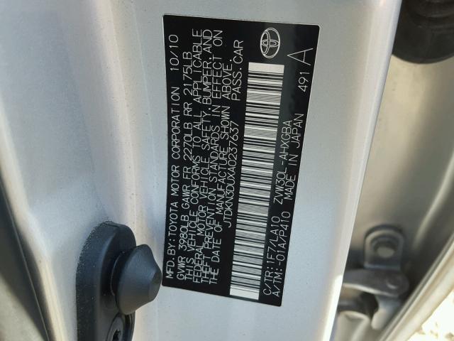 JTDKN3DUXA0237637 - 2010 TOYOTA PRIUS SILVER photo 10