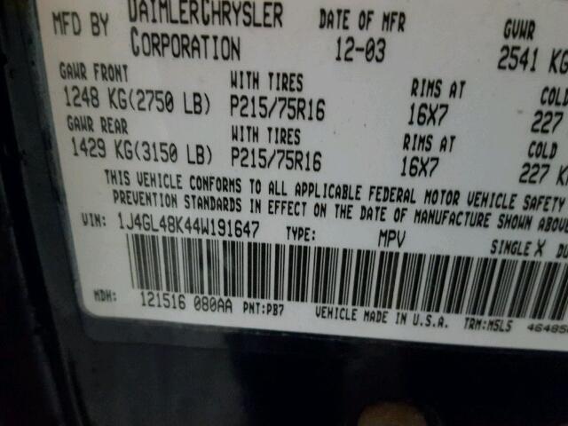 1J4GL48K44W191647 - 2004 JEEP LIBERTY SP BLUE photo 10