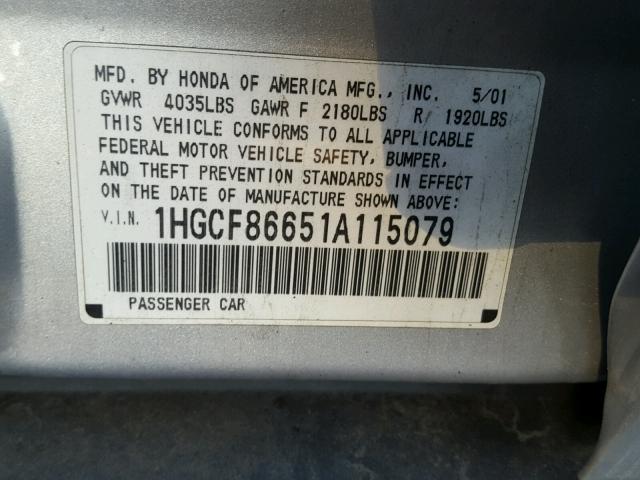 1HGCF86651A115079 - 2001 HONDA ACCORD VAL GRAY photo 10