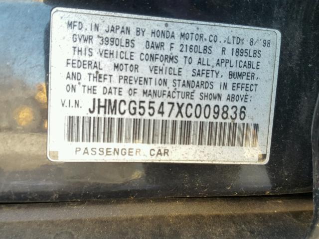 JHMCG5547XC009836 - 1999 HONDA ACCORD LX BLACK photo 10