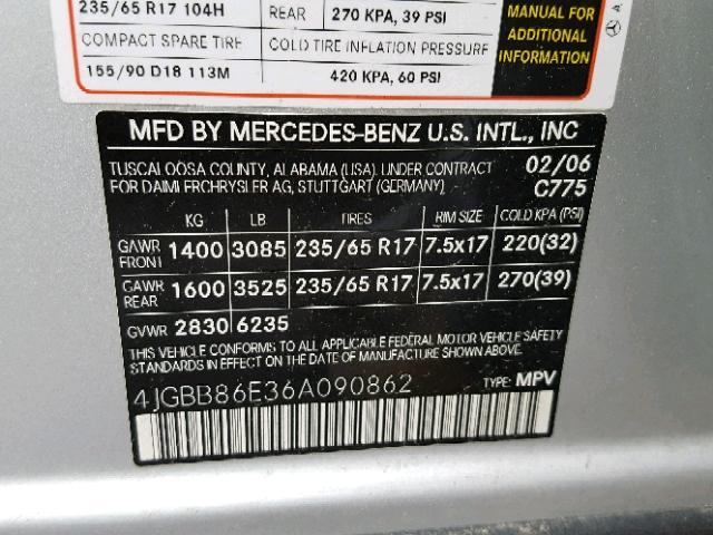 4JGBB86E36A090862 - 2006 MERCEDES-BENZ ML 350 SILVER photo 10