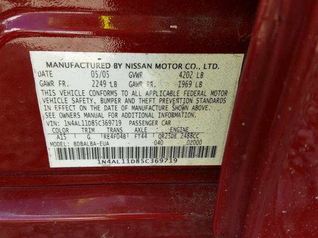 1N4AL11D85C369719 - 2005 NISSAN ALTIMA S RED photo 10