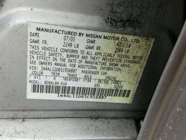 1N4AL11D65C956887 - 2005 NISSAN ALTIMA S SILVER photo 10