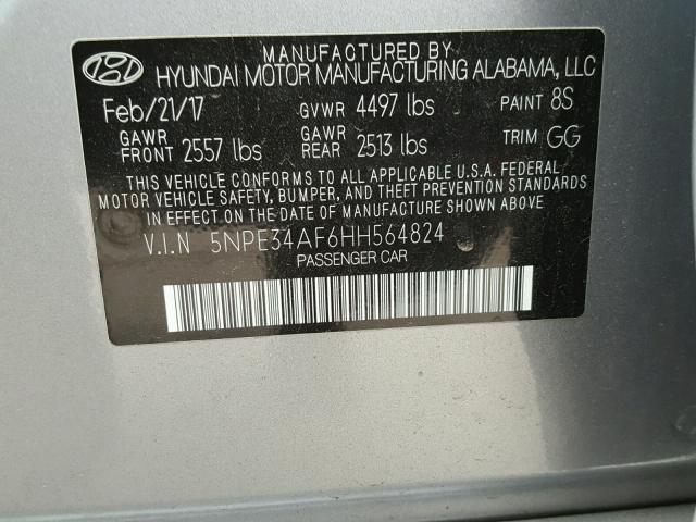 5NPE34AF6HH564824 - 2017 HYUNDAI SONATA SPO GRAY photo 10