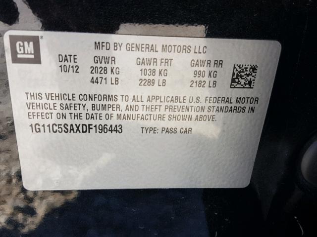 1G11C5SAXDF196443 - 2013 CHEVROLET MALIBU 1LT BLACK photo 10