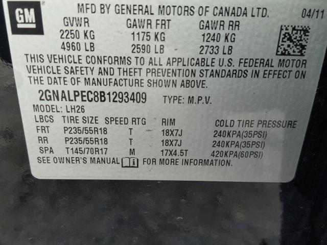 2GNALPEC8B1293409 - 2011 CHEVROLET EQUINOX LT BLACK photo 10