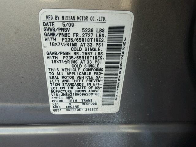 JN8AZ18W09W206166 - 2009 NISSAN MURANO S GRAY photo 10