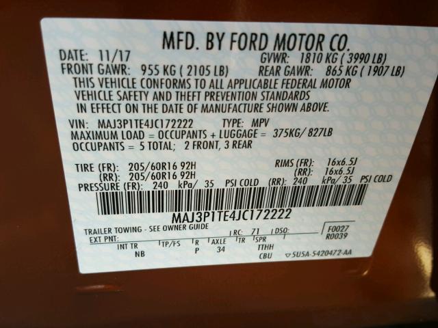 MAJ3P1TE4JC172222 - 2018 FORD ECOSPORT S BROWN photo 10