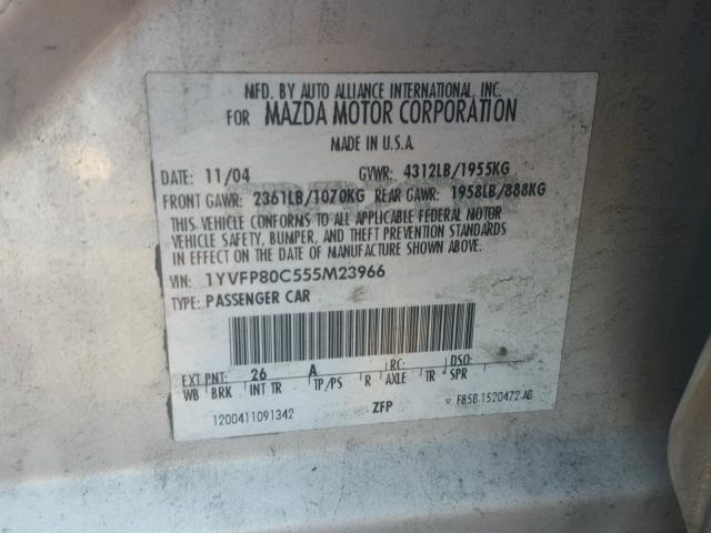 1YVFP80C555M23966 - 2005 MAZDA 6 I GRAY photo 10