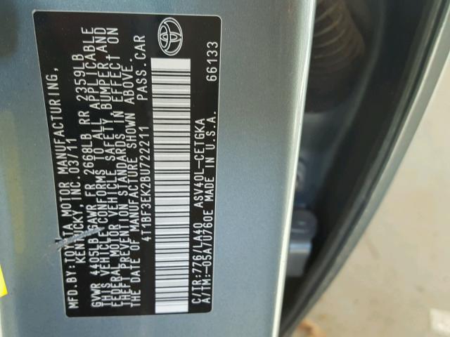 4T1BF3EK2BU722211 - 2011 TOYOTA CAMRY BASE BLUE photo 10