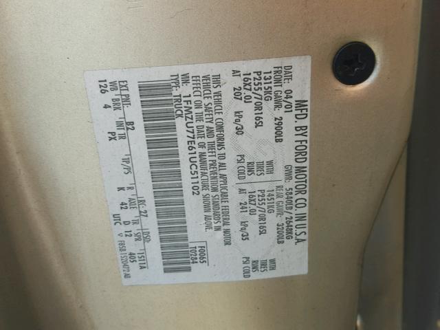 1FMZU77E61UC51102 - 2001 FORD EXPLORER S 棕色 照片 10