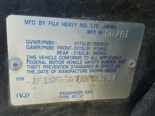 JF1SF65672H723233 - 2002 SUBARU FORESTER S 黑色 照片 10