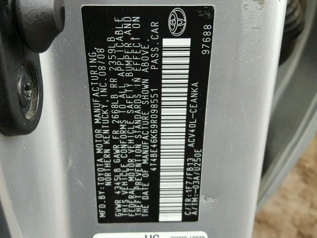 4T4BE46K69R098551 - 2009 TOYOTA CAMRY BASE SILVER photo 10