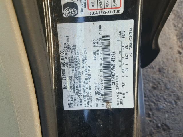 3FAFP07196R142592 - 2006 FORD FUSION SE BLACK photo 10