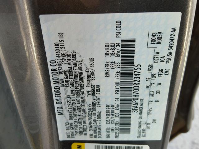 3FA6P0H70DR234755 - 2013 FORD FUSION SE GRAY photo 10