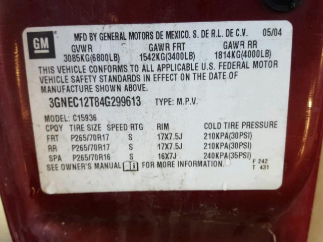 3GNEC12T84G299613 - 2004 CHEVROLET AVALANCHE BURGUNDY photo 10