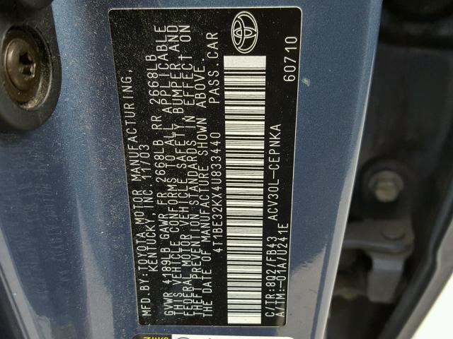 4T1BE32KX4U833440 - 2004 TOYOTA CAMRY LE 蓝色 照片 10