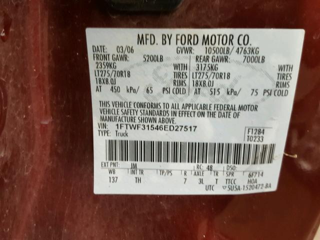 1FTWF31546ED27517 - 2006 FORD F350 SRW S BURGUNDY photo 10