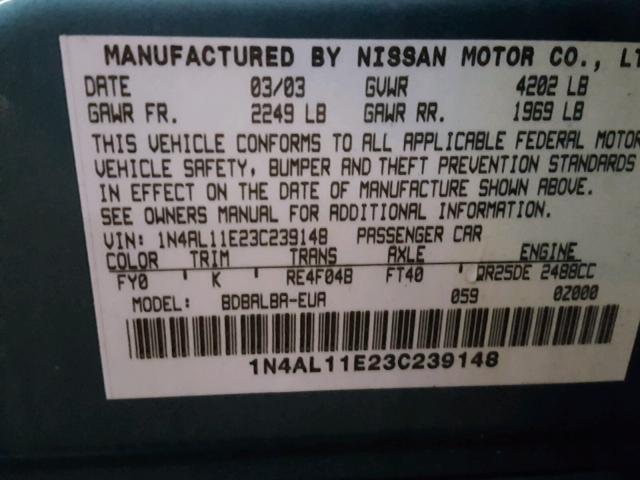 1N4AL11E23C239148 - 2003 NISSAN ALTIMA BAS GREEN photo 10