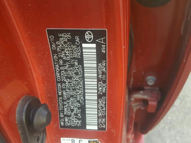 JTDKN3DU5A0193269 - 2010 TOYOTA PRIUS RED photo 10